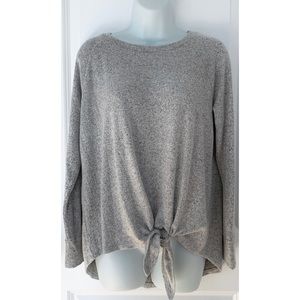 Gibson Gray Cozy Tie Front Crew Neck Sweater